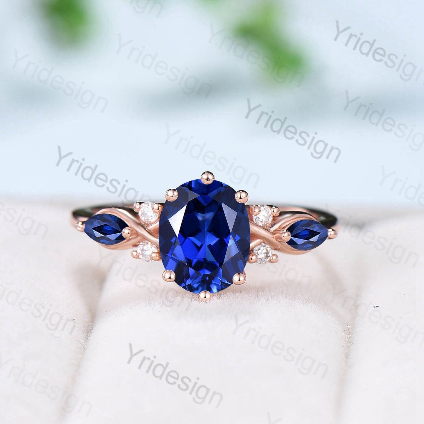 Vintage oval sapphire engagement ring rose gold twisted unique lab blue crystal wedding ring set art deco anniversary ring Christmas gift