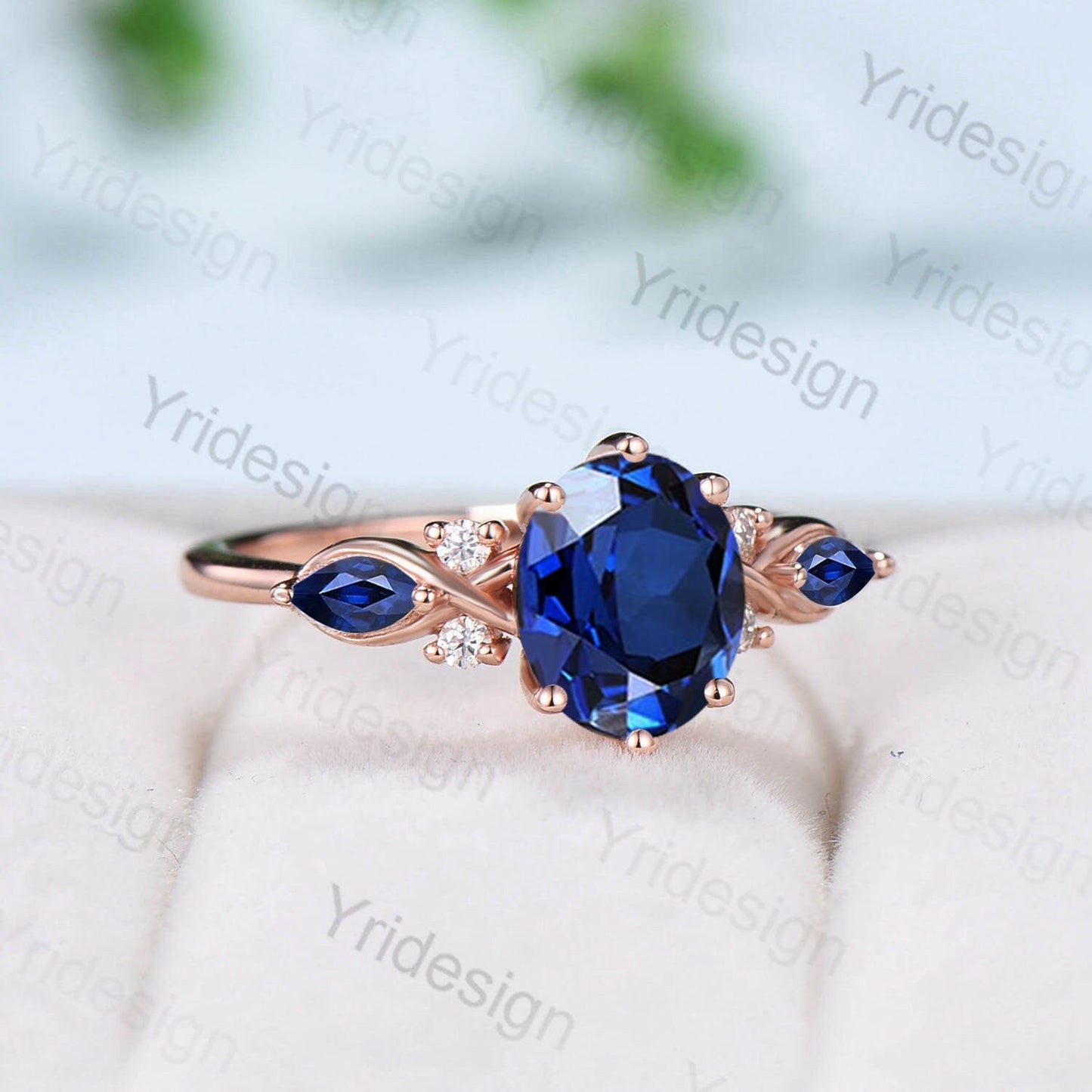 Vintage oval sapphire engagement ring rose gold twisted unique lab blue crystal wedding ring set art deco anniversary ring Christmas gift