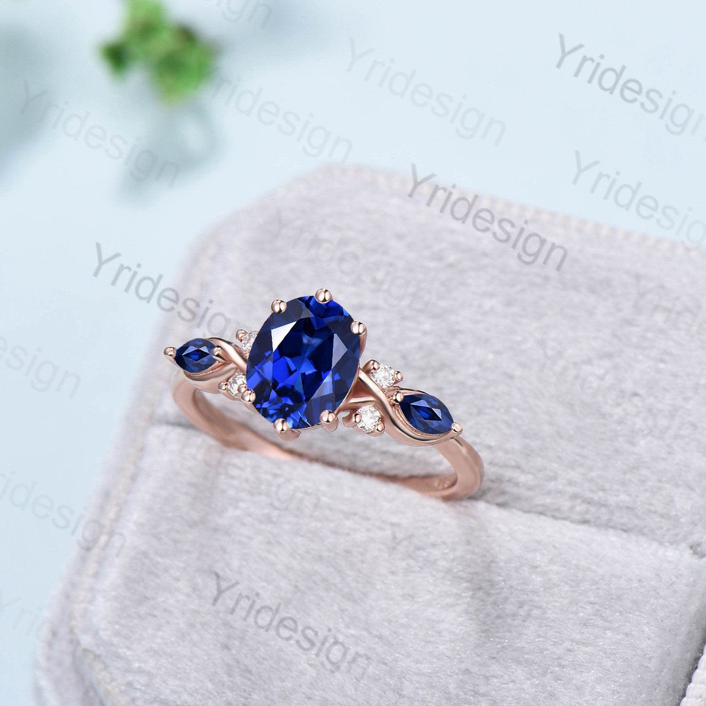 Vintage oval sapphire engagement ring rose gold twisted unique lab blue crystal wedding ring set art deco anniversary ring Christmas gift