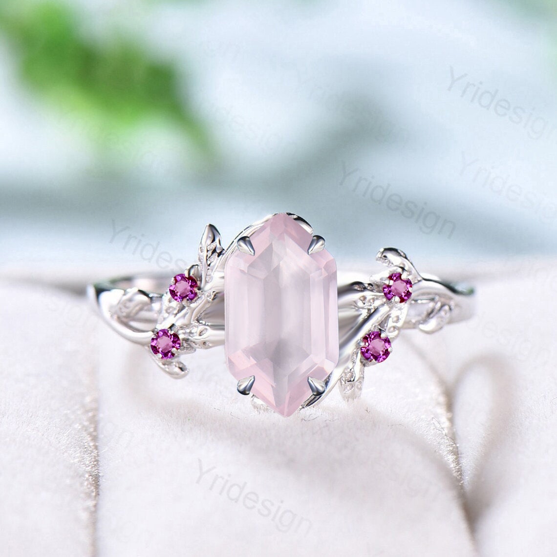 Rose Quartz Ring, Silver Twig Band, Pink Tourmaline Accent, Handmade Jewelry