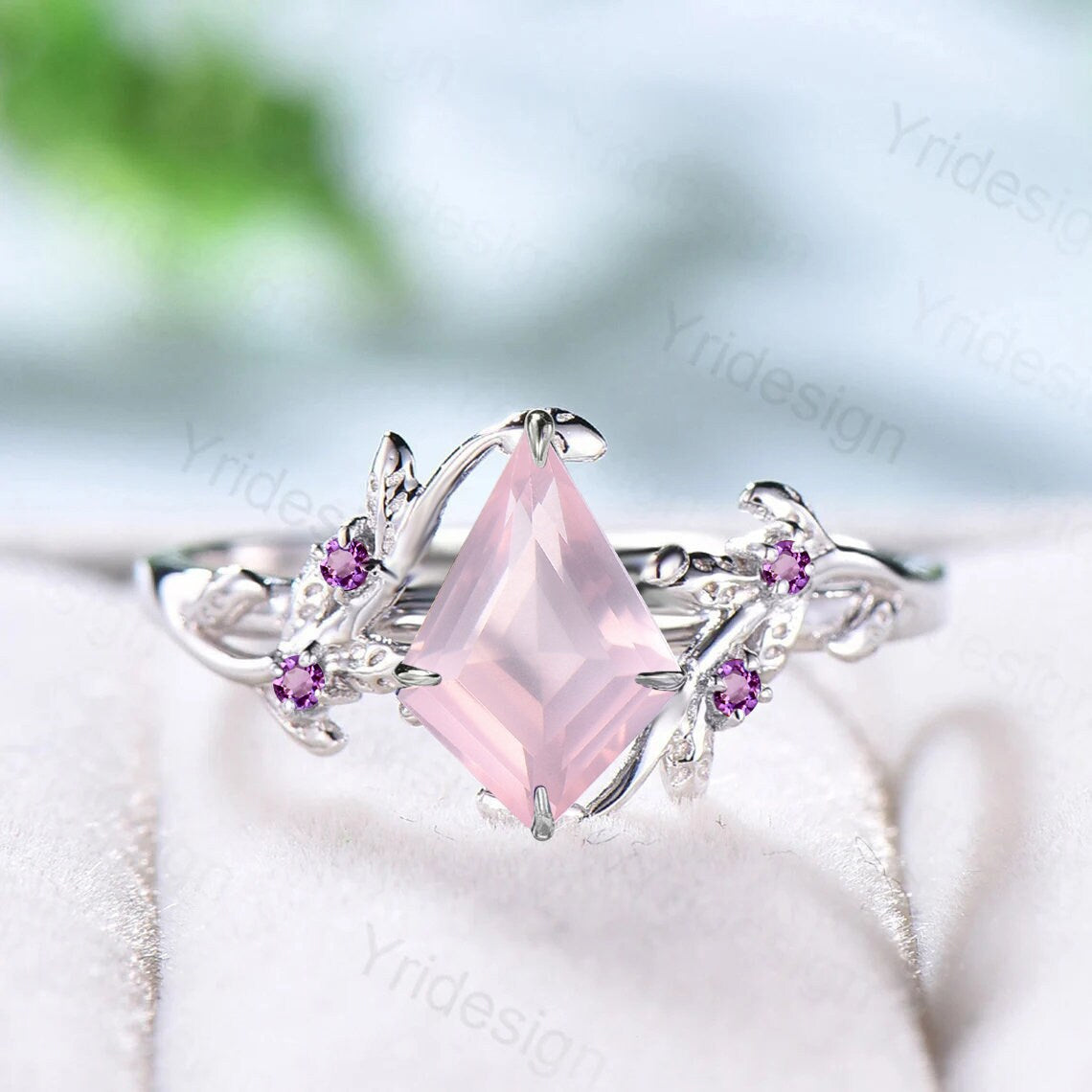 Rose Quartz Ring, Silver Twig Band, Pink Tourmaline Accent, Handmade Jewelry