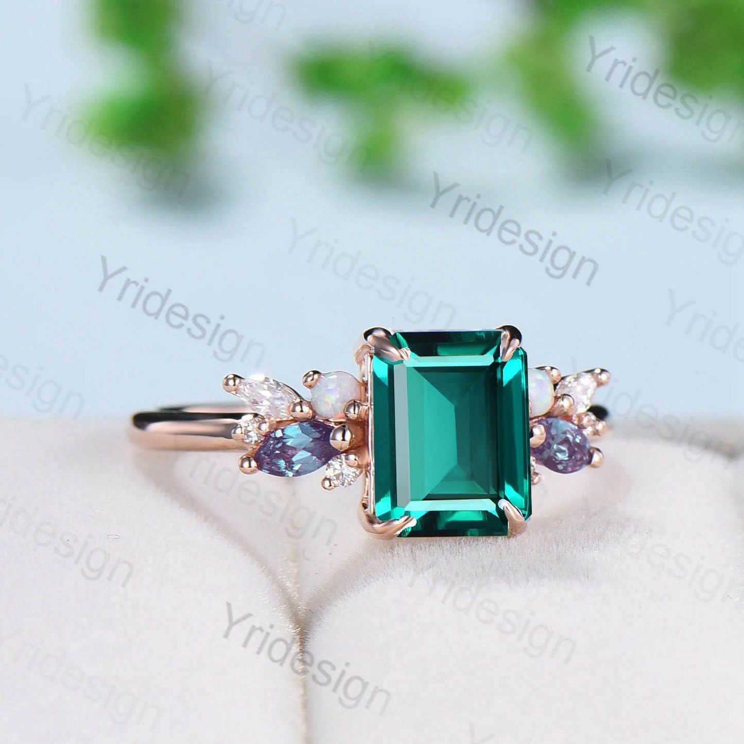 Vintage Emerald Cut Emerald Engagement Ring Rose Gold Alternative Alexandrite Opal Wedding Ring For Women Unique Cluster Promise Ring Gift