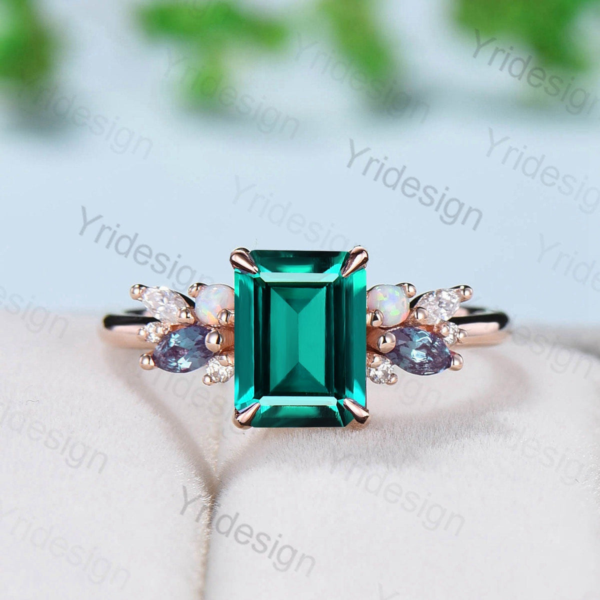 Vintage Emerald Cut Emerald Engagement Ring Rose Gold Alternative Alexandrite Opal Wedding Ring For Women Unique Cluster Promise Ring Gift