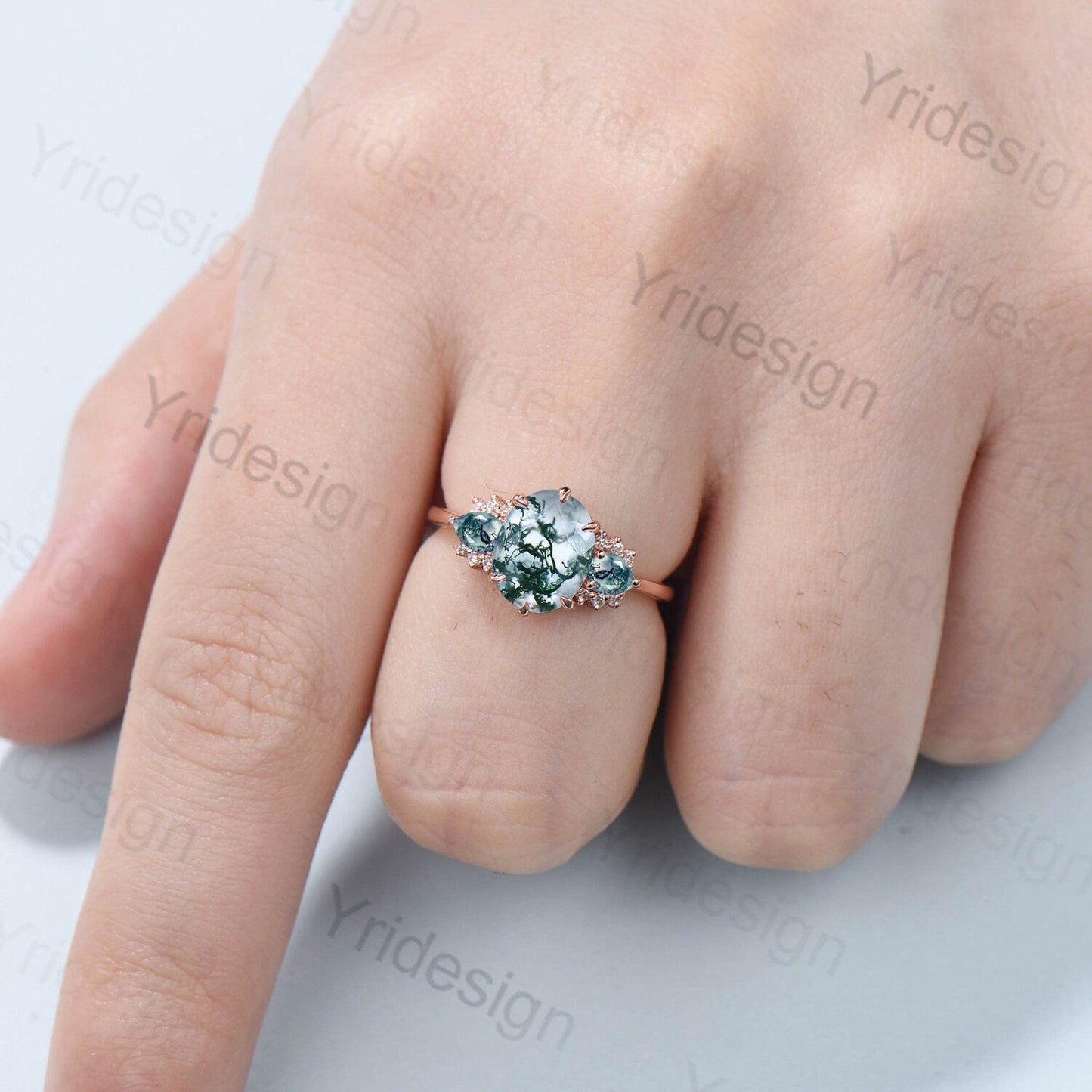 8x10mm Big Moss Agate Engagement Ring Cluster Pear Green Agate Wedding Ring Vintage 6 Prongs Art Deco Moissanite Band Aquatic Stone Jewelry