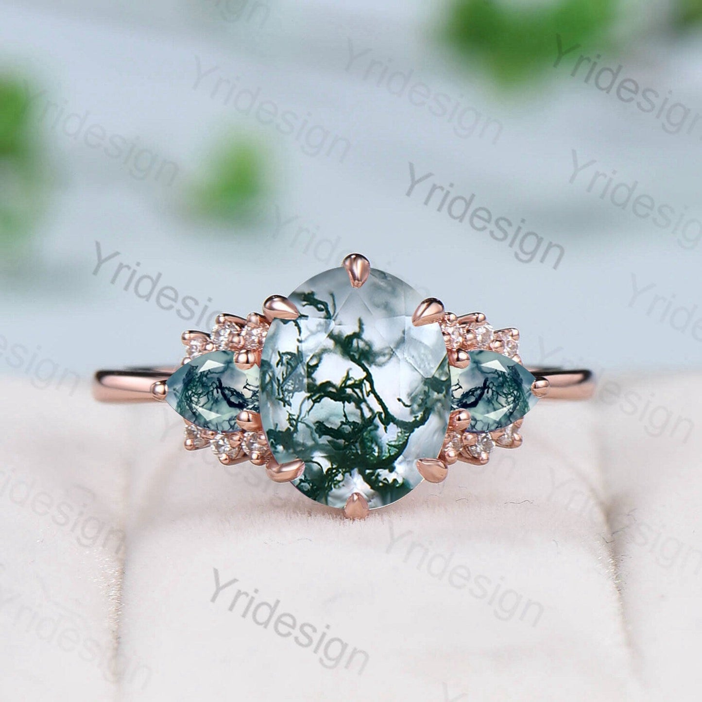 8x10mm Big Moss Agate Engagement Ring Cluster Pear Green Agate Wedding Ring Vintage 6 Prongs Art Deco Moissanite Band Aquatic Stone Jewelry