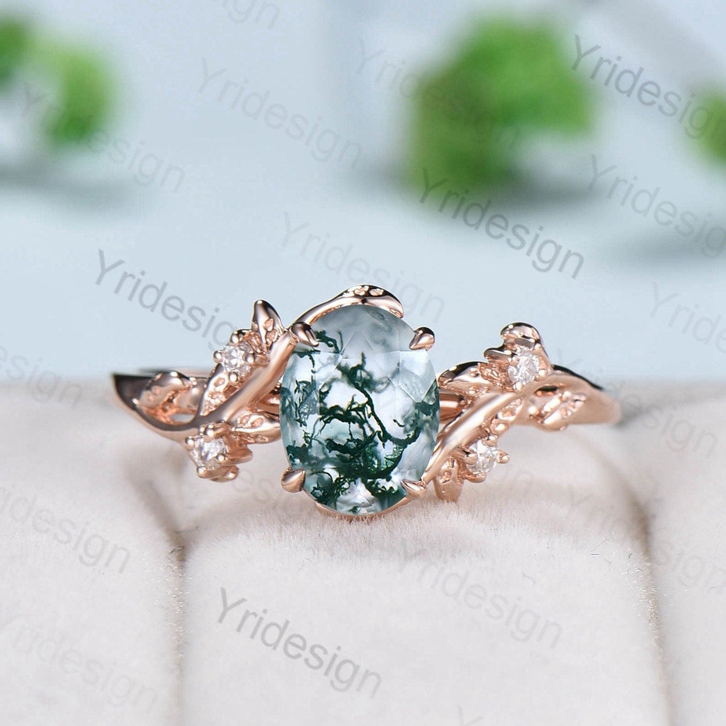 1.5CT Oval moss agate ring set cluster diamond nature inspired aquatic agate wedding ring set Vintage crystal engagement ring 14k rose gold