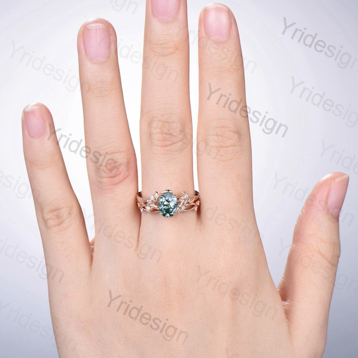 1.5CT Oval moss agate ring set cluster diamond nature inspired aquatic agate wedding ring set Vintage crystal engagement ring 14k rose gold