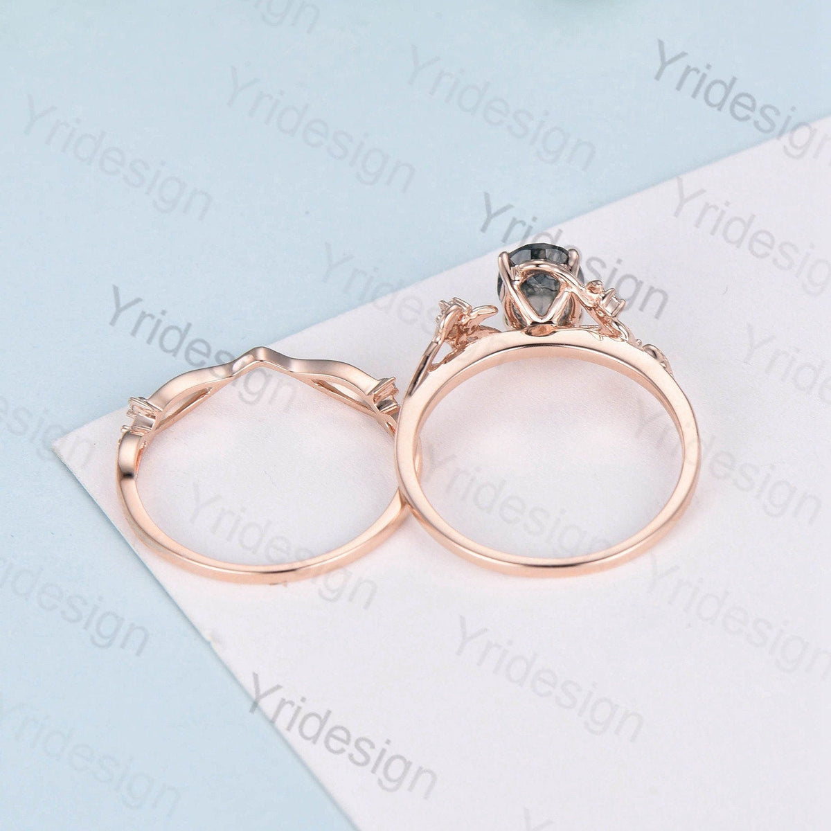 1.5CT Oval moss agate ring set cluster diamond nature inspired aquatic agate wedding ring set Vintage crystal engagement ring 14k rose gold