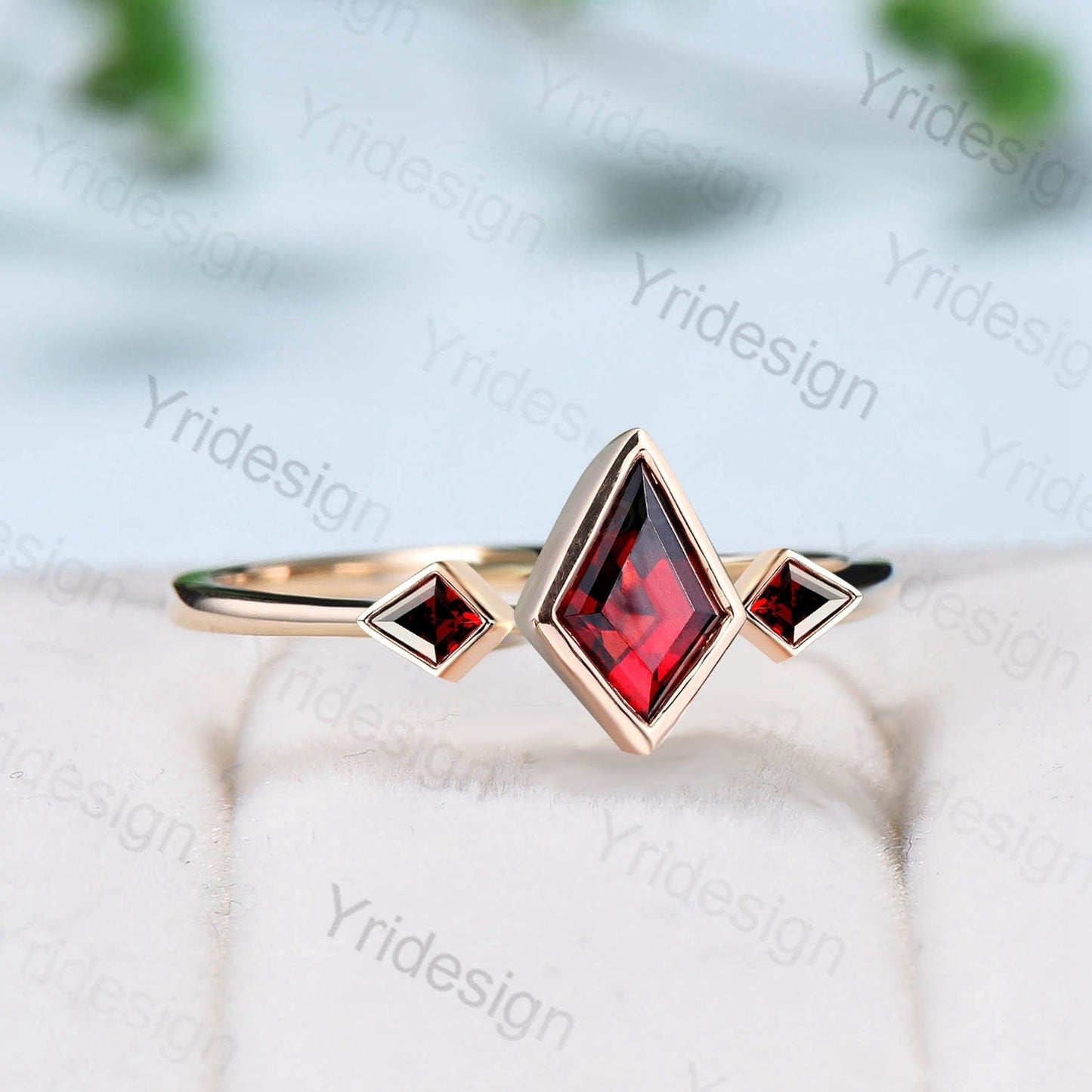 Kite Cut Red Garnet Engagement Ring - Modern Bezel Set Three Stone Band