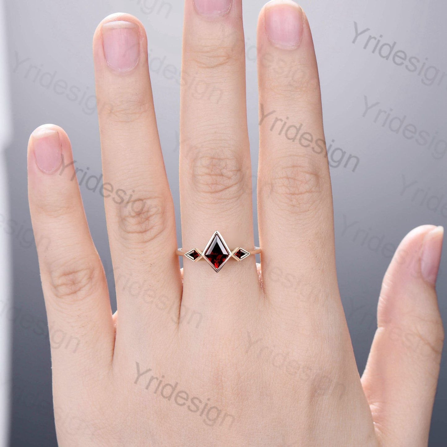 Kite Cut Red Garnet Engagement Ring - Modern Bezel Set Three Stone Band