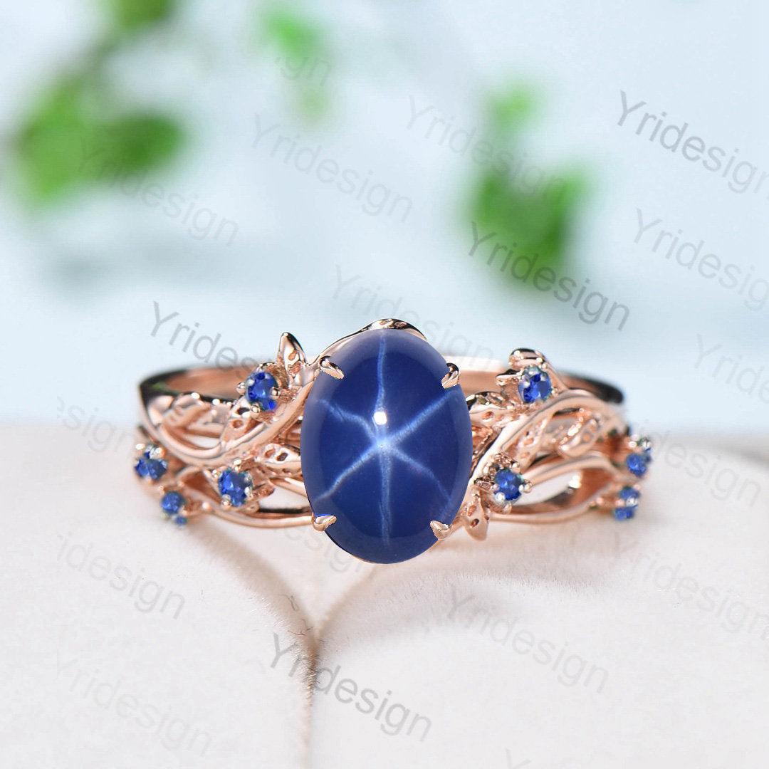 Leaf Star Sapphire Ring Set, Rose Gold Cluster Wedding Rings