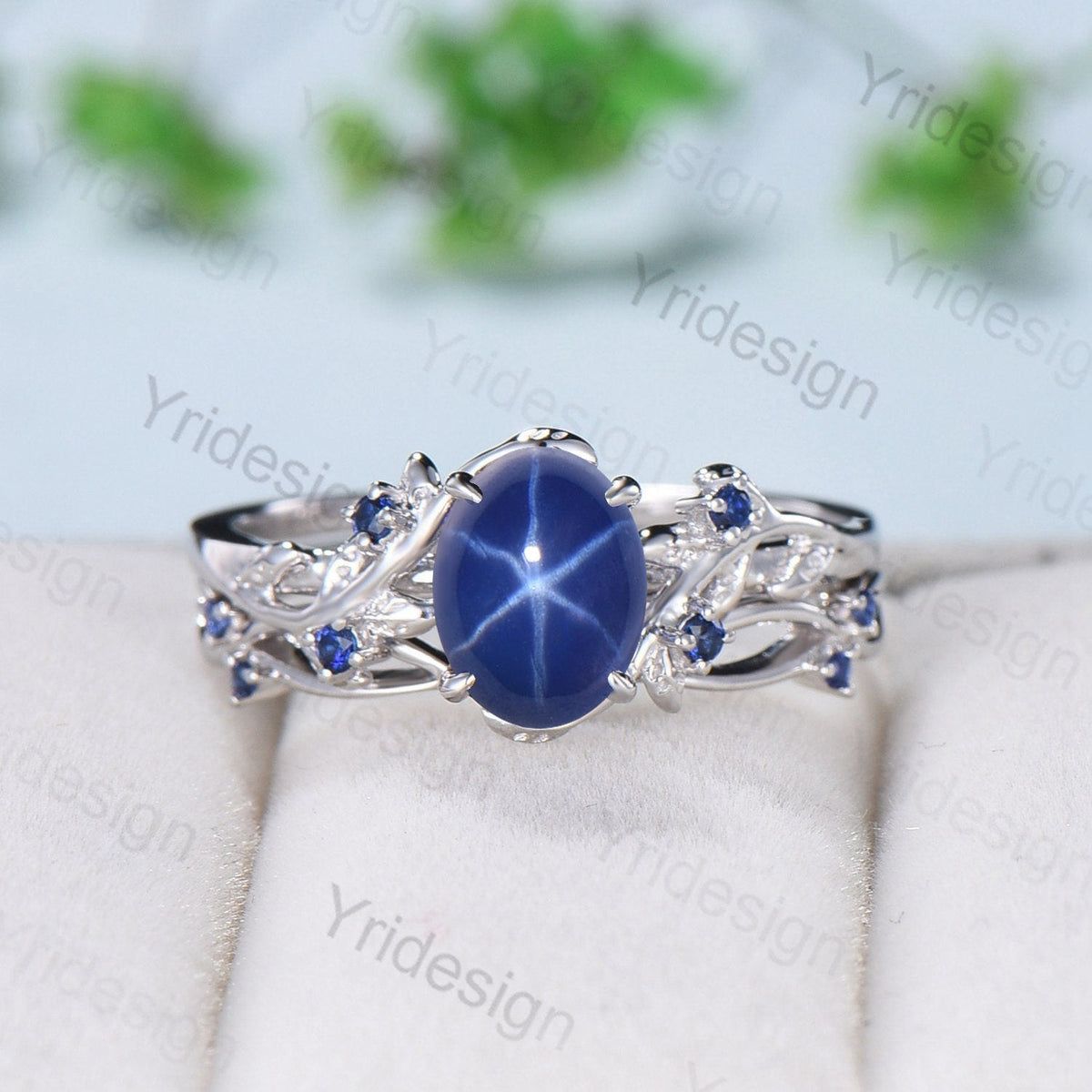 Leaf Star Sapphire Ring Set, Rose Gold Cluster Wedding Rings