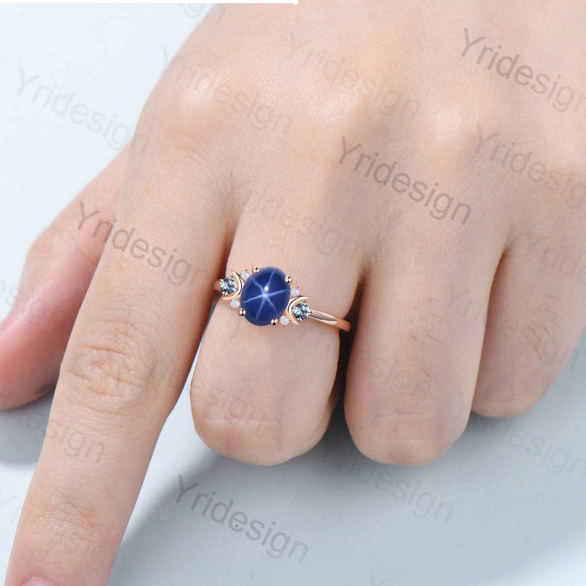 Vintage Star Sapphire Ring, Galaxy Moon Crystal, Moissanite Wedding Ring