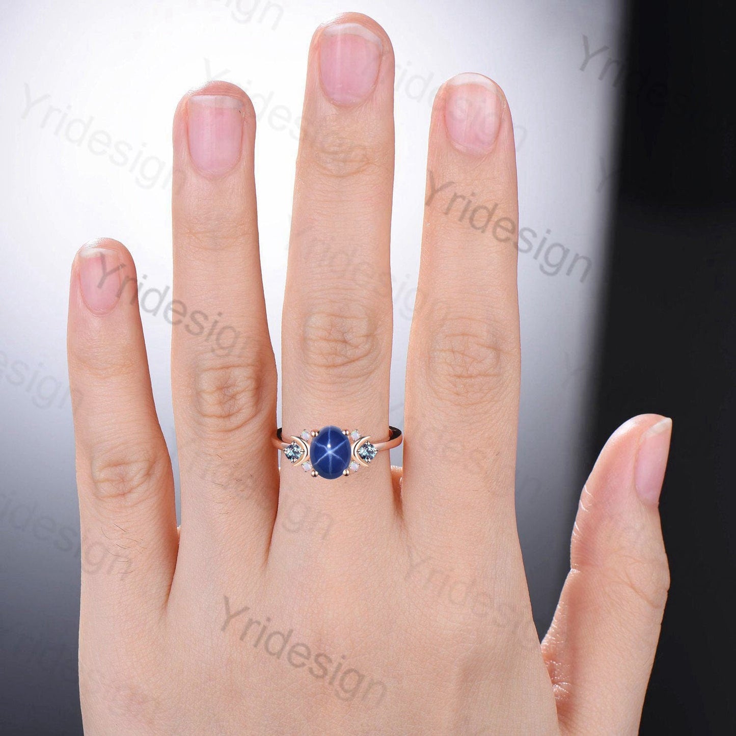 Vintage Star Sapphire Ring, Galaxy Moon Crystal, Moissanite Wedding Ring