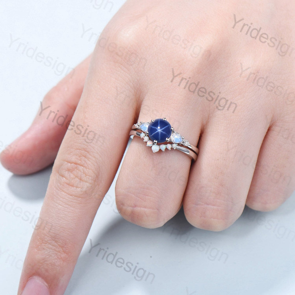 Vintage Star Sapphire Engagement Ring Set, Pear Moonstone & Opal