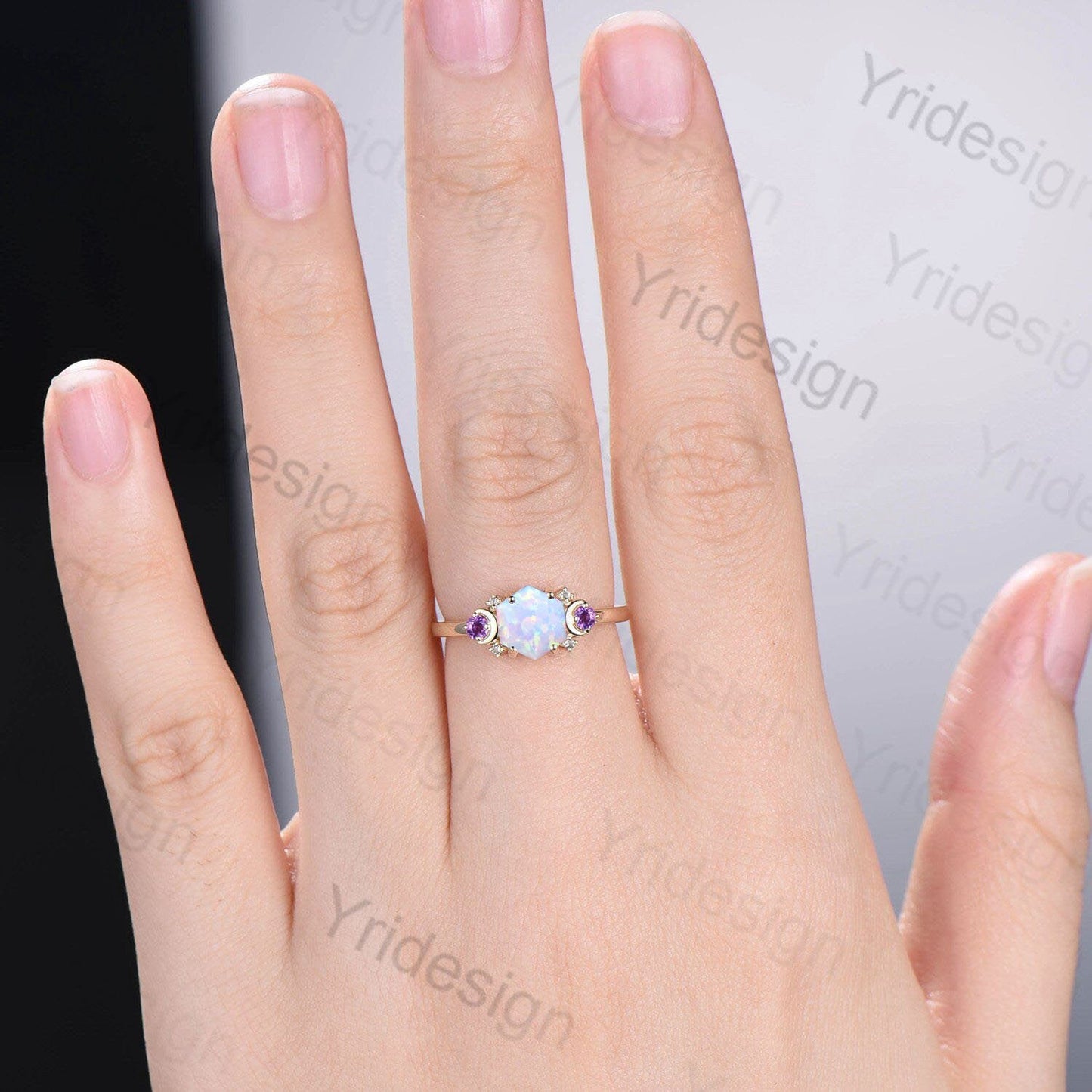 Vintage Moon Opal Amethyst Engagement Ring 14K Yellow Gold Unique Hexagon Fire Opal Promise Ring Women Art Deco Cluster Promise Ring Gift