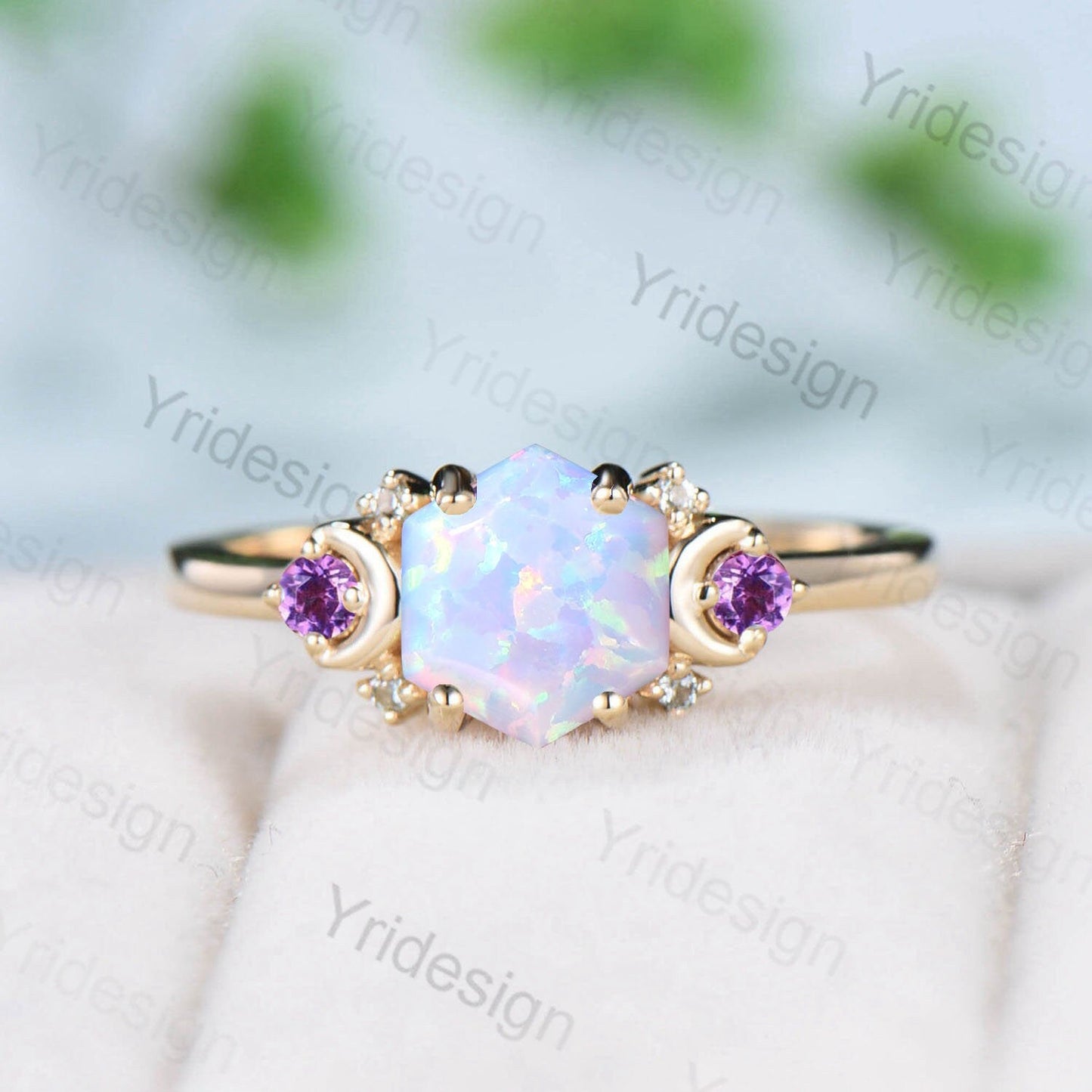 Vintage Moon Opal Amethyst Engagement Ring 14K Yellow Gold Unique Hexagon Fire Opal Promise Ring Women Art Deco Cluster Promise Ring Gift