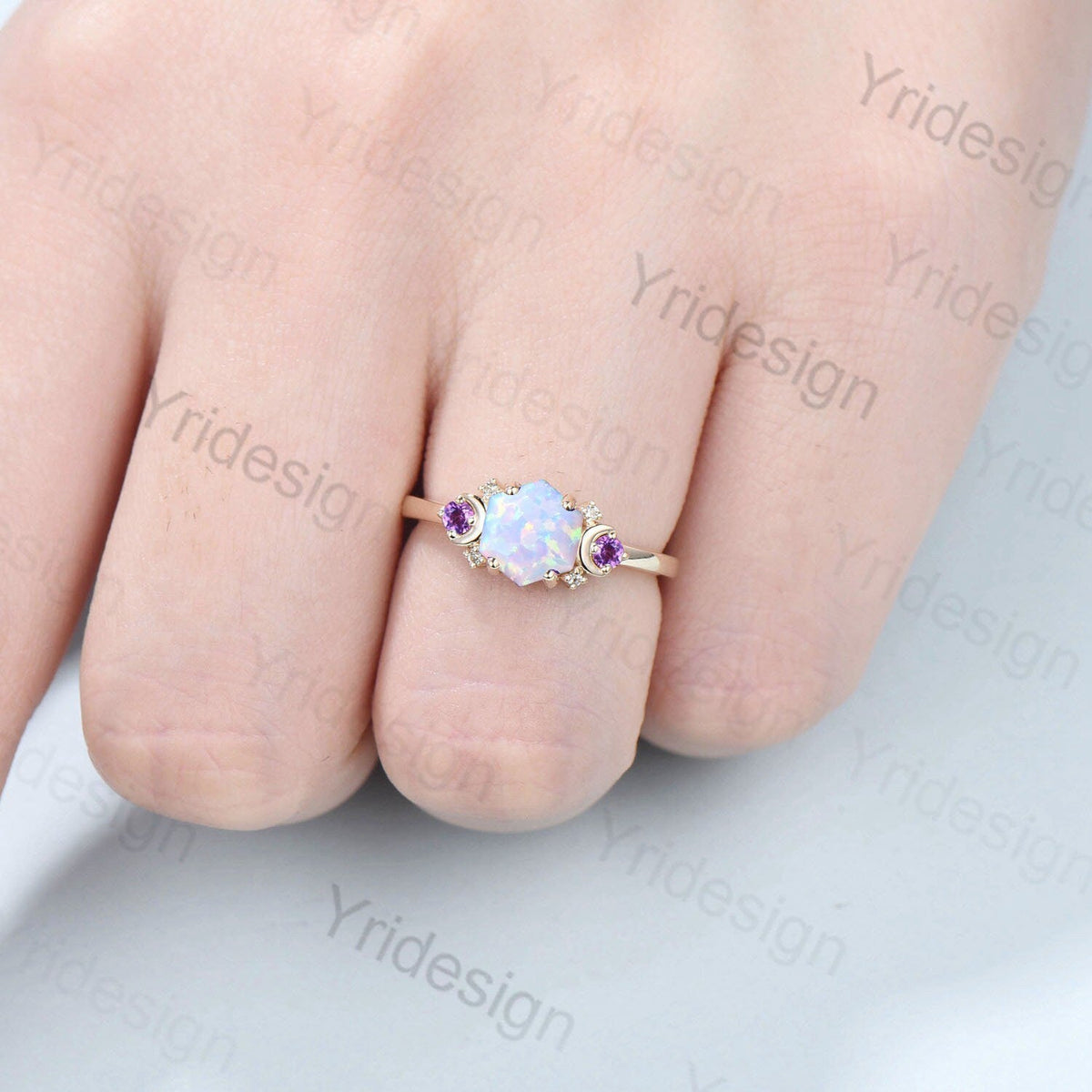 Vintage Moon Opal Amethyst Engagement Ring 14K Yellow Gold Unique Hexagon Fire Opal Promise Ring Women Art Deco Cluster Promise Ring Gift