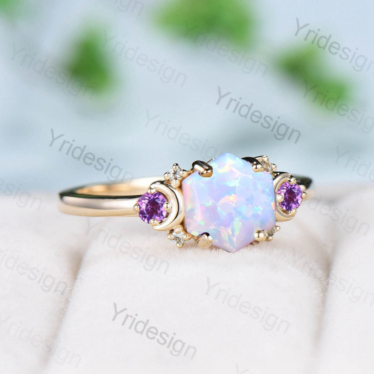 Vintage Moon Opal Amethyst Engagement Ring 14K Yellow Gold Unique Hexagon Fire Opal Promise Ring Women Art Deco Cluster Promise Ring Gift