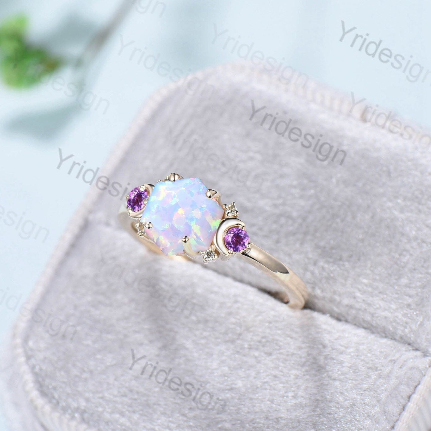Vintage Moon Opal Amethyst Engagement Ring 14K Yellow Gold Unique Hexagon Fire Opal Promise Ring Women Art Deco Cluster Promise Ring Gift