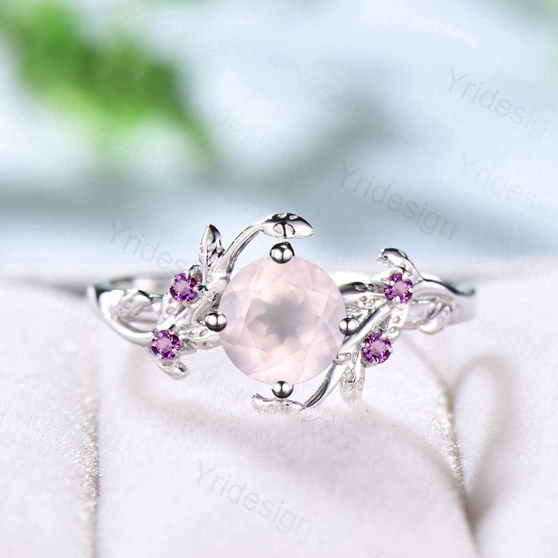 Rose Quartz Ring, Silver Twig Band, Pink Tourmaline Accent, Handmade Jewelry