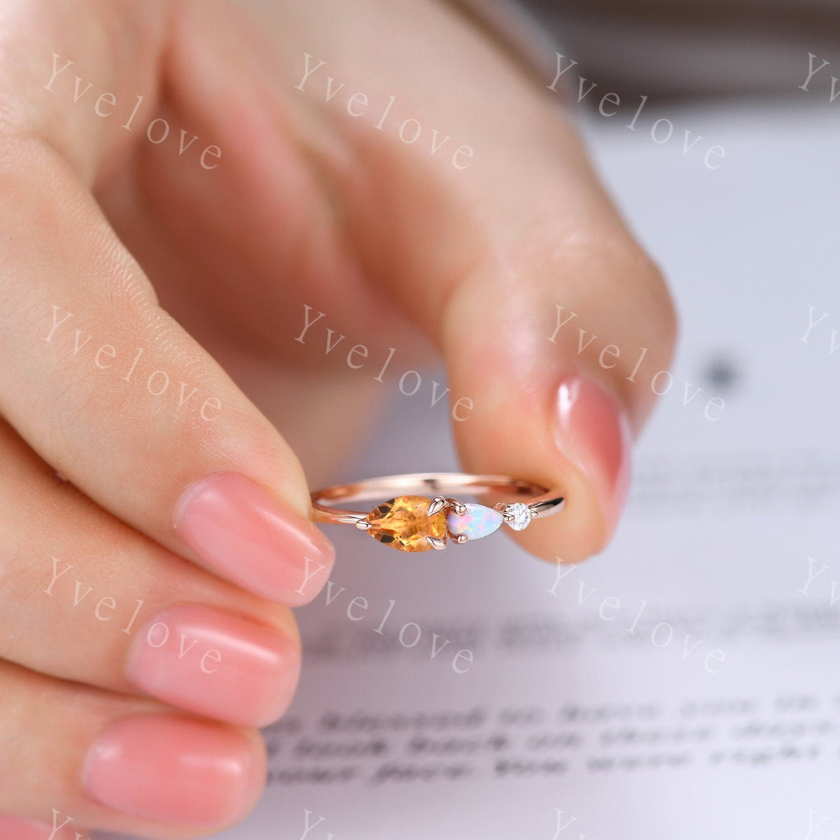 Vintage Yellow Citrine Opal Engagement Ring,Pear Cut Gems,Art Deco Moissanite Wedding Band,3 Stone Unique Women Bridal Promise Ring,Custom