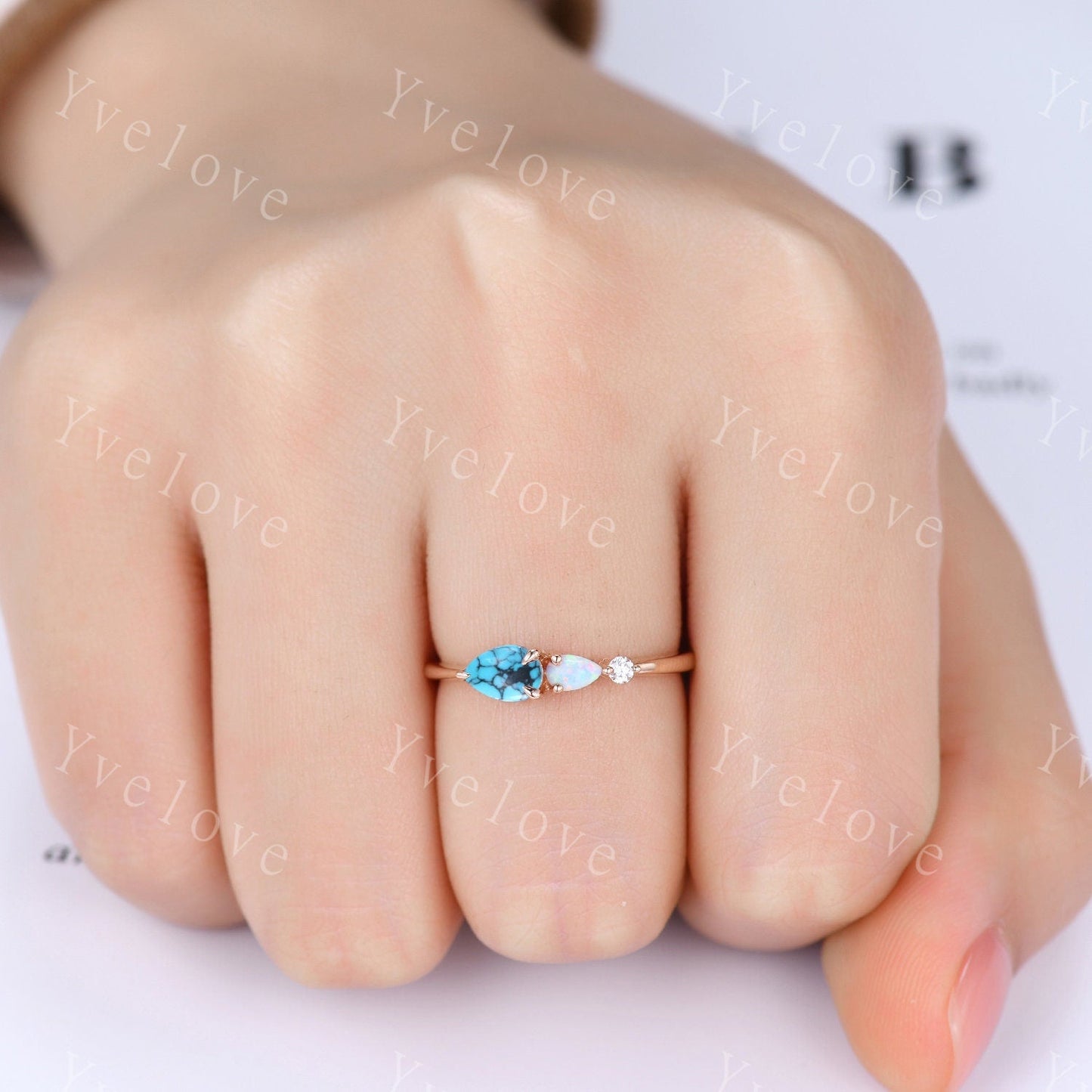 Vintage Turquoise Opal Engagement Ring,Pear Cut Gems,Art Deco Moissanite Wedding Band,3 Stone Unique Women Bridal Promise Ring,Silver Ring