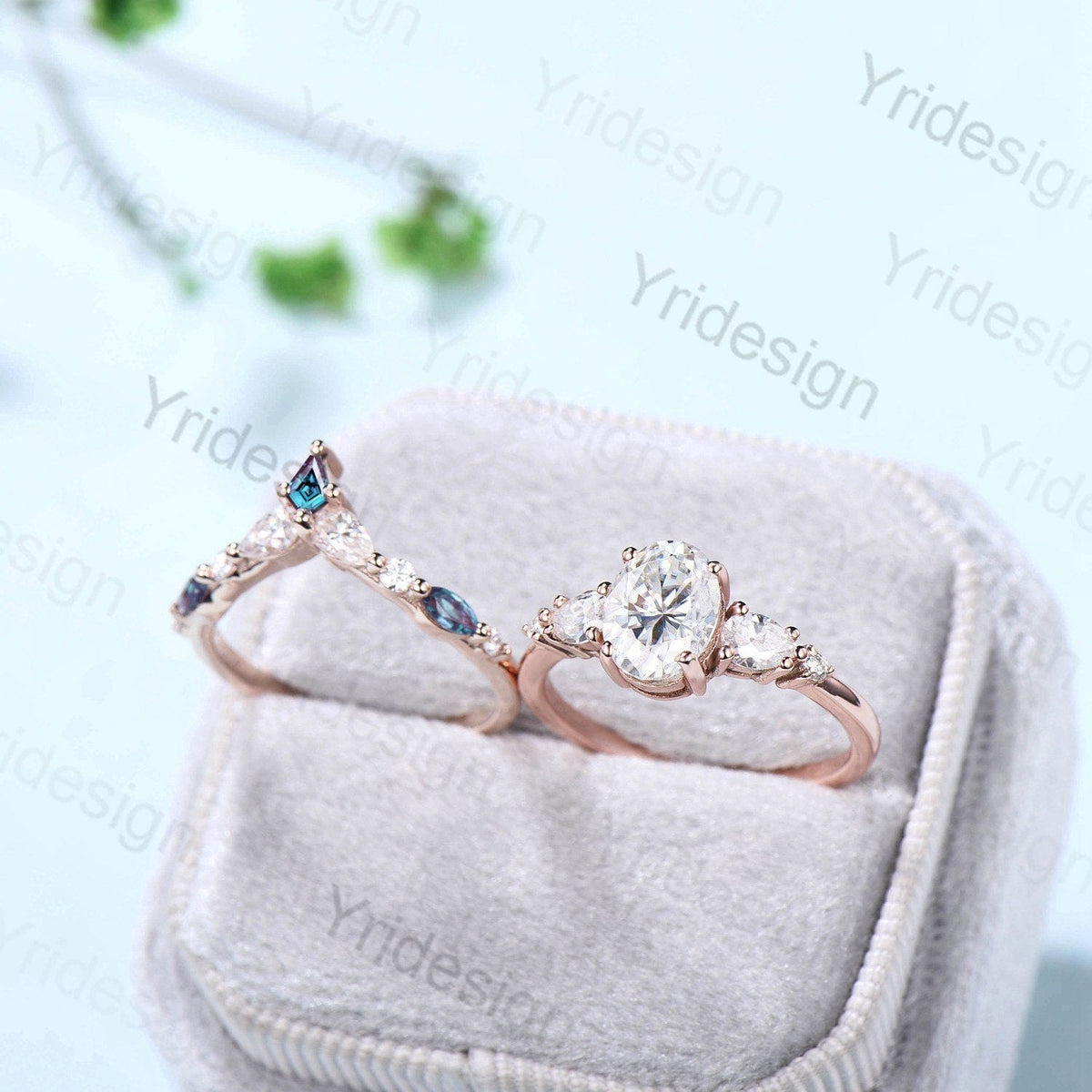 Vintage Oval Moissanite engagement ring set unique moissanite alexandrite wedding set crown art deco stacking band Bridal Promise ring Women