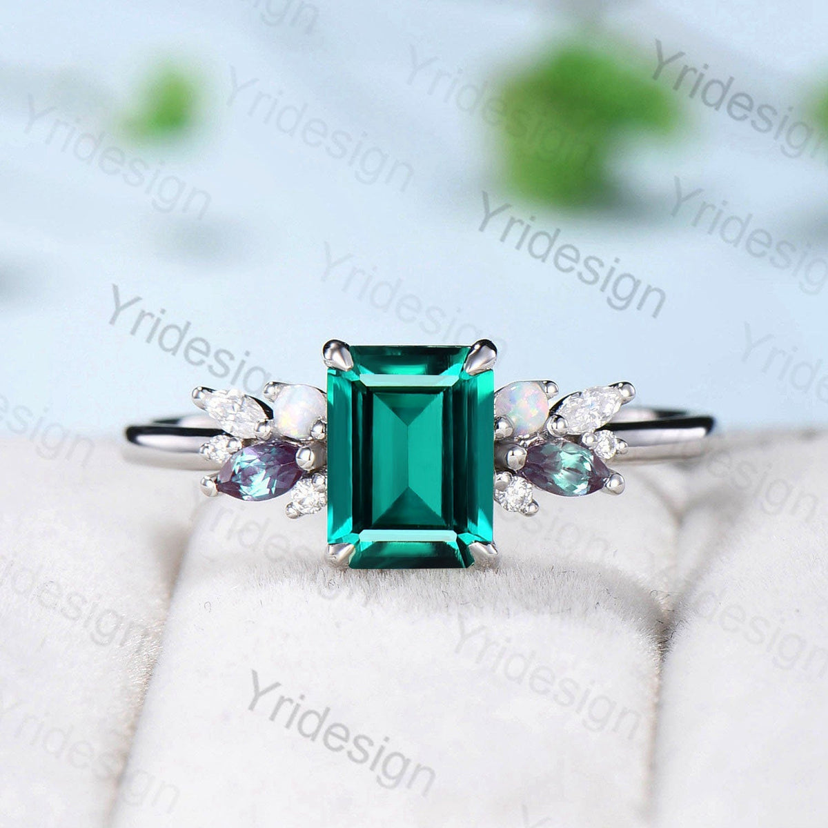 Vintage Emerald Cut Emerald Engagement Ring Rose Gold Alternative Alexandrite Opal Wedding Ring For Women Unique Cluster Promise Ring Gift