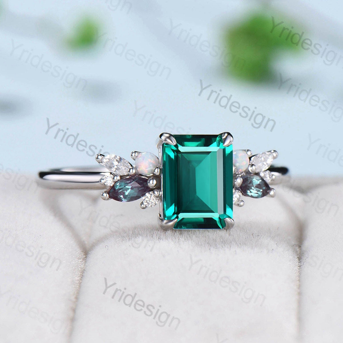 Vintage Emerald Cut Emerald Engagement Ring Rose Gold Alternative Alexandrite Opal Wedding Ring For Women Unique Cluster Promise Ring Gift