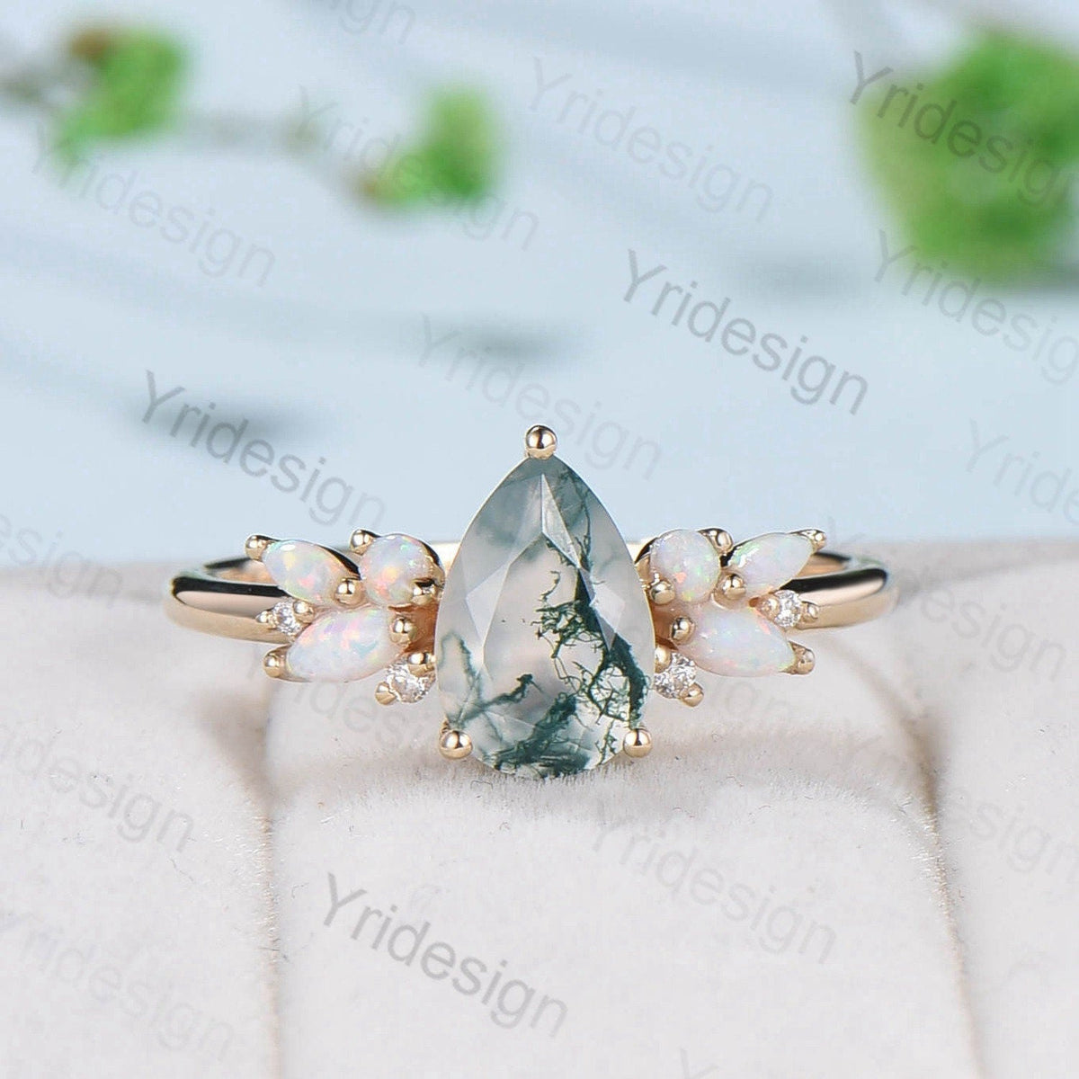 Vintage Moss Agate Engagement Ring Unique Pear Shaped Bee green crystal Wedding Ring Women  Rose Gold Art Deco Cluster Opal Promise Ring