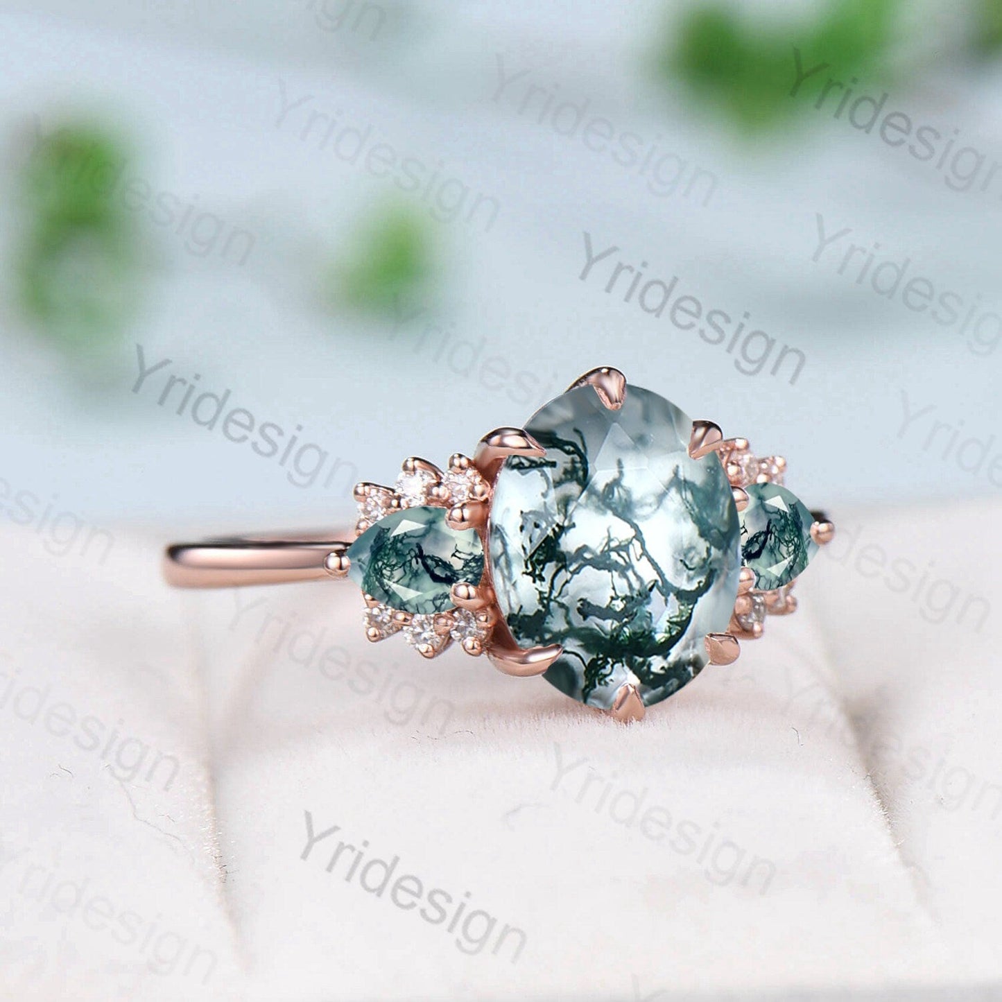8x10mm Big Moss Agate Engagement Ring Cluster Pear Green Agate Wedding Ring Vintage 6 Prongs Art Deco Moissanite Band Aquatic Stone Jewelry