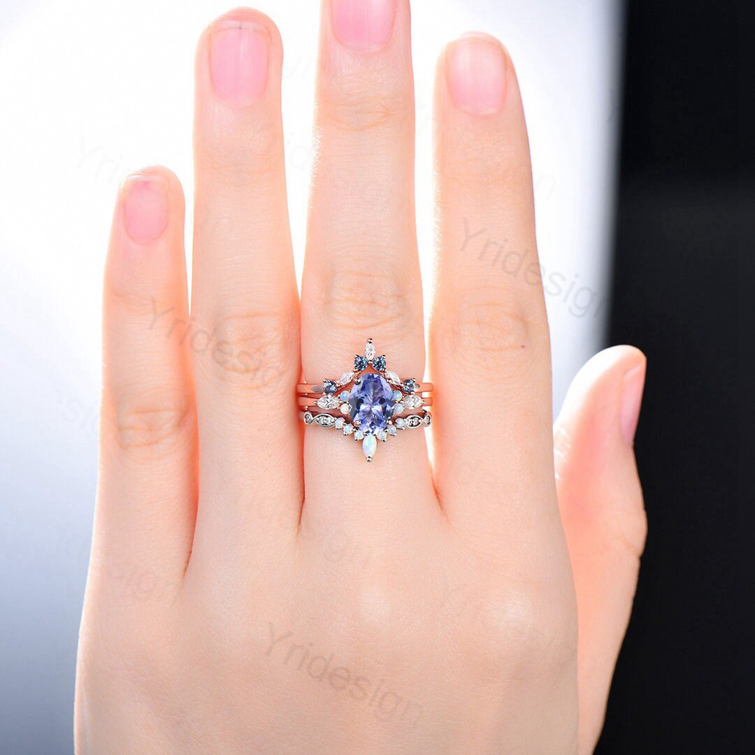 Vintage tanzanite engagement ring set | Unique rose gold wedding set | Art deco opal alexandrite stacking ring | bridal promise ring set