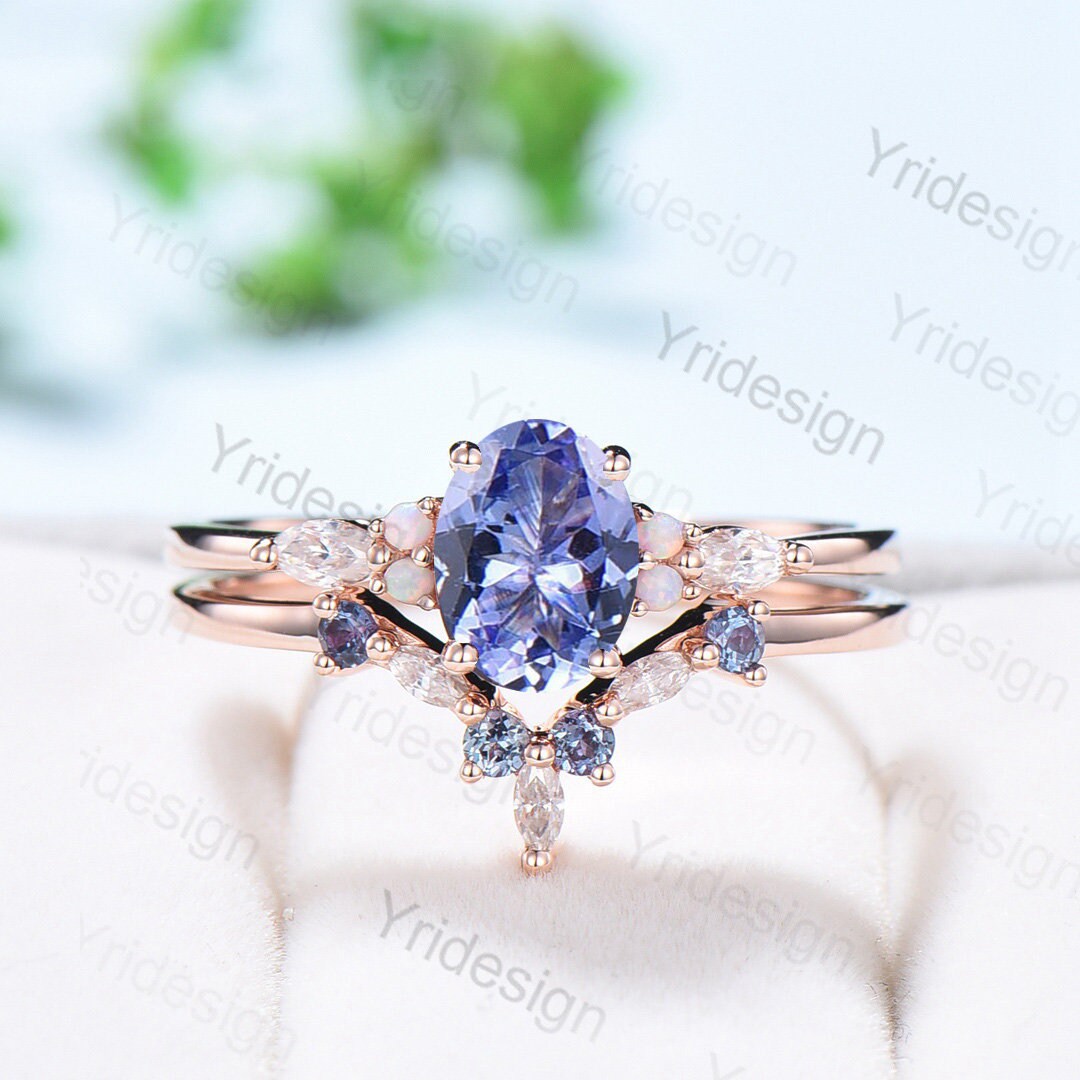 Vintage tanzanite engagement ring set | Unique rose gold wedding set | Art deco opal alexandrite stacking ring | bridal promise ring set