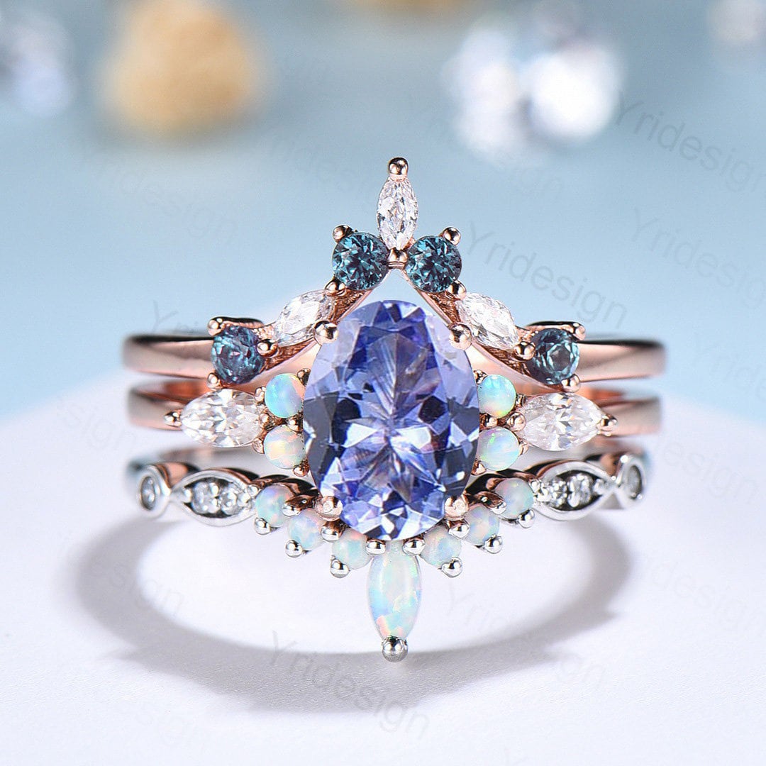 Vintage tanzanite engagement ring set | Unique rose gold wedding set | Art deco opal alexandrite stacking ring | bridal promise ring set