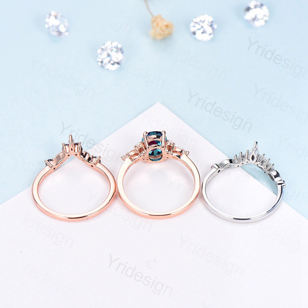 Vintage tanzanite engagement ring set | Unique rose gold wedding set | Art deco opal alexandrite stacking ring | bridal promise ring set