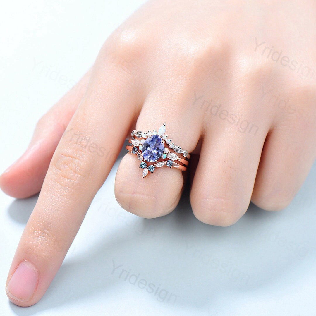 Vintage tanzanite engagement ring set | Unique rose gold wedding set | Art deco opal alexandrite stacking ring | bridal promise ring set