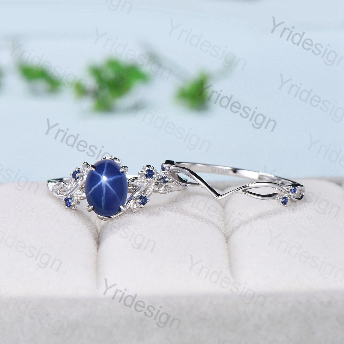 Leaf Star Sapphire Ring Set, Rose Gold Cluster Wedding Rings
