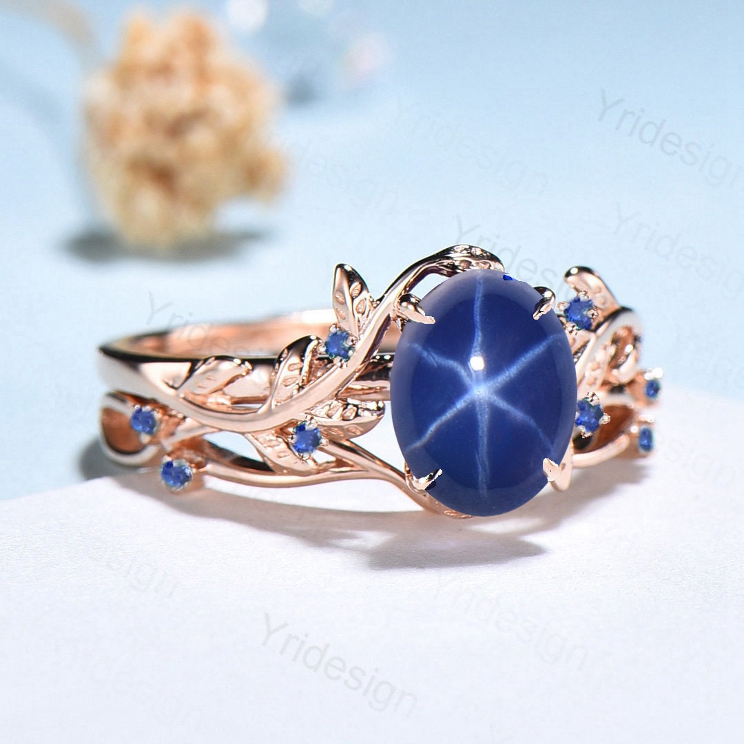 Leaf Star Sapphire Ring Set, Rose Gold Cluster Wedding Rings