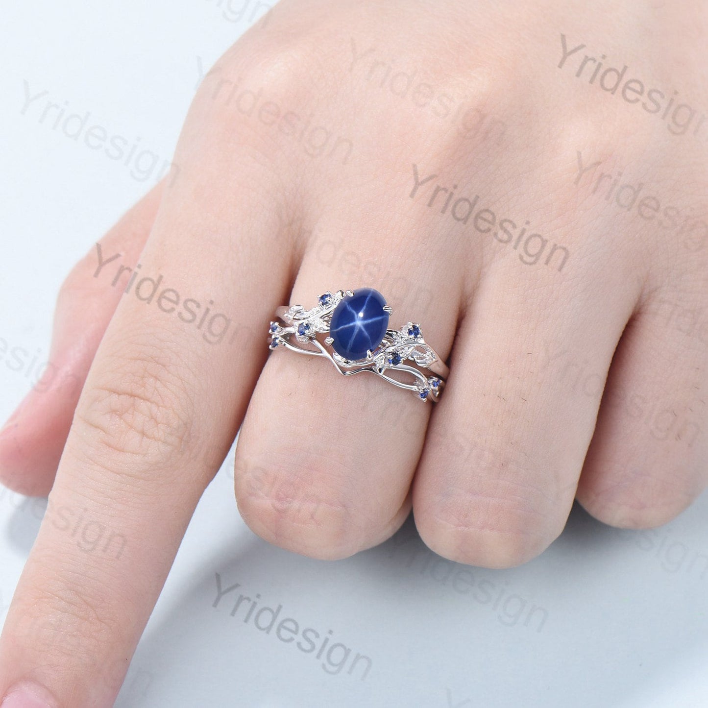 Leaf Star Sapphire Ring Set, Rose Gold Cluster Wedding Rings