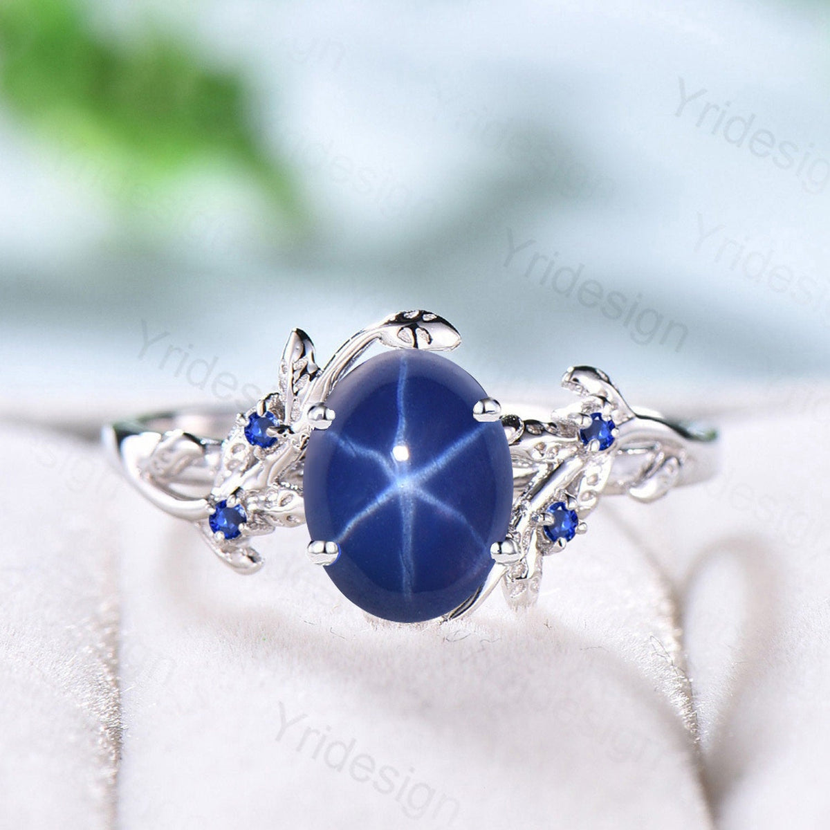 Leaf Star Sapphire Ring Set, Rose Gold Cluster Wedding Rings
