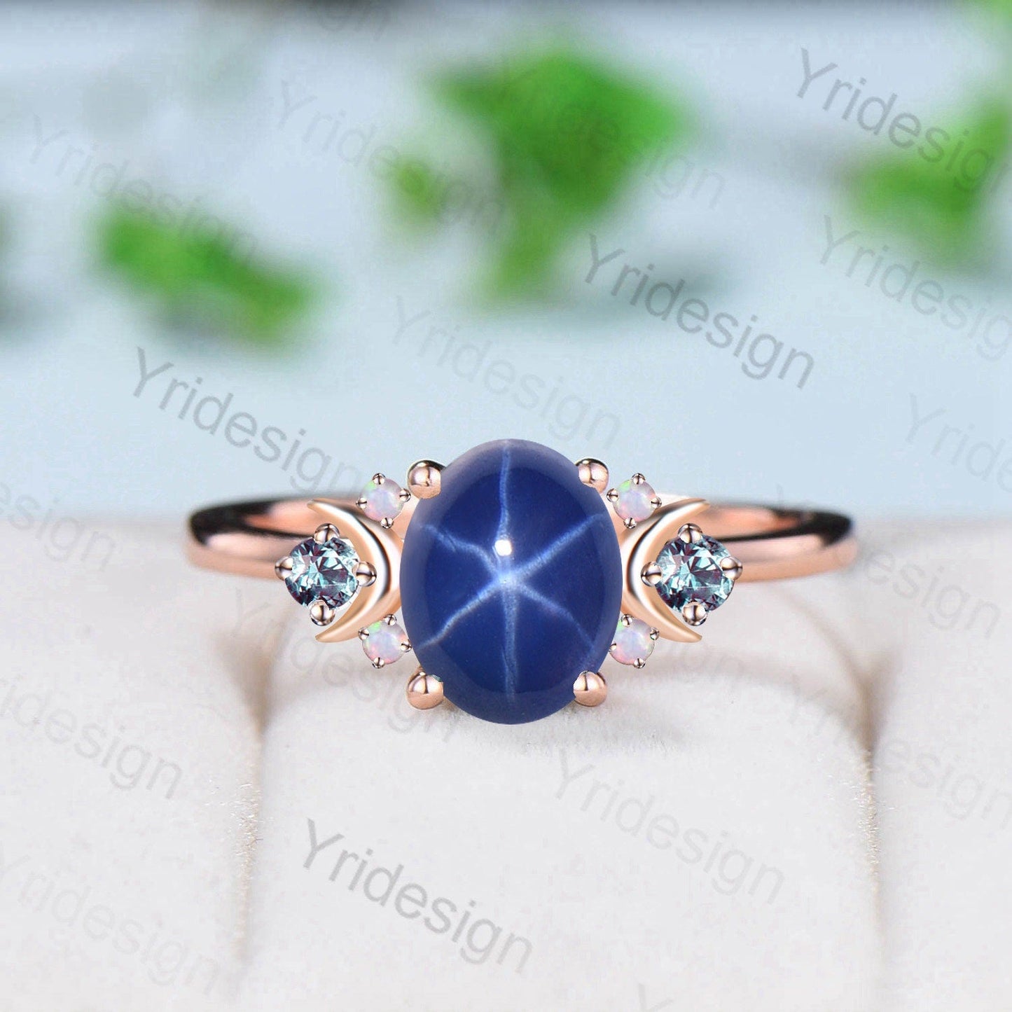 Vintage Star Sapphire Ring, Galaxy Moon Crystal, Moissanite Wedding Ring