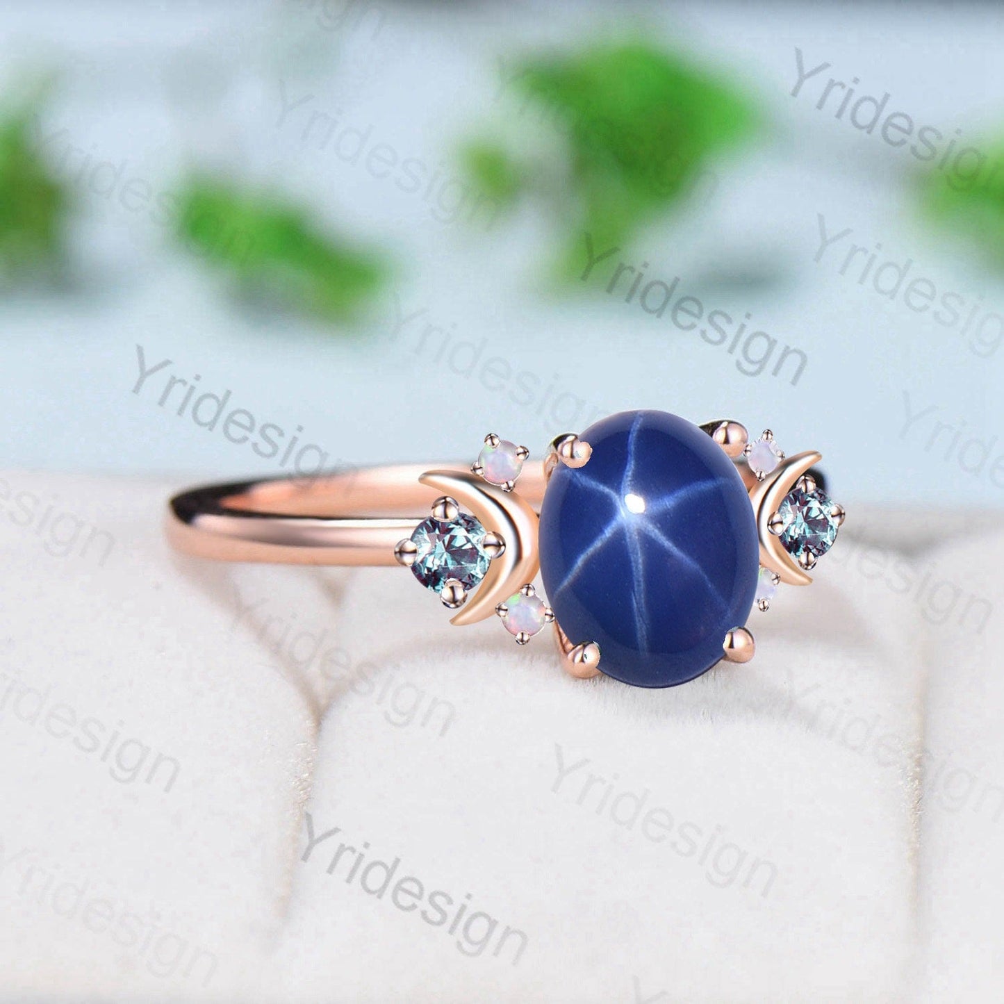 Vintage Star Sapphire Ring, Galaxy Moon Crystal, Moissanite Wedding Ring