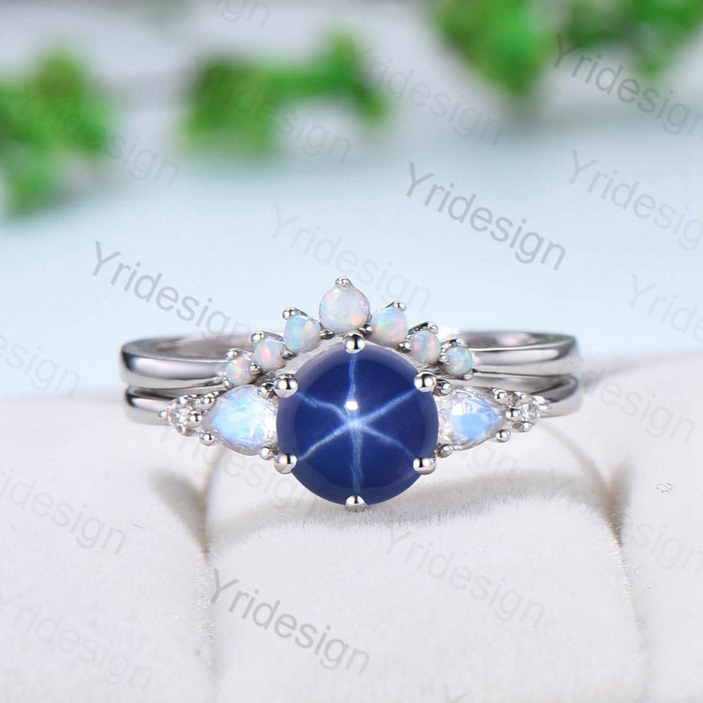 Vintage Star Sapphire Engagement Ring Set, Pear Moonstone & Opal