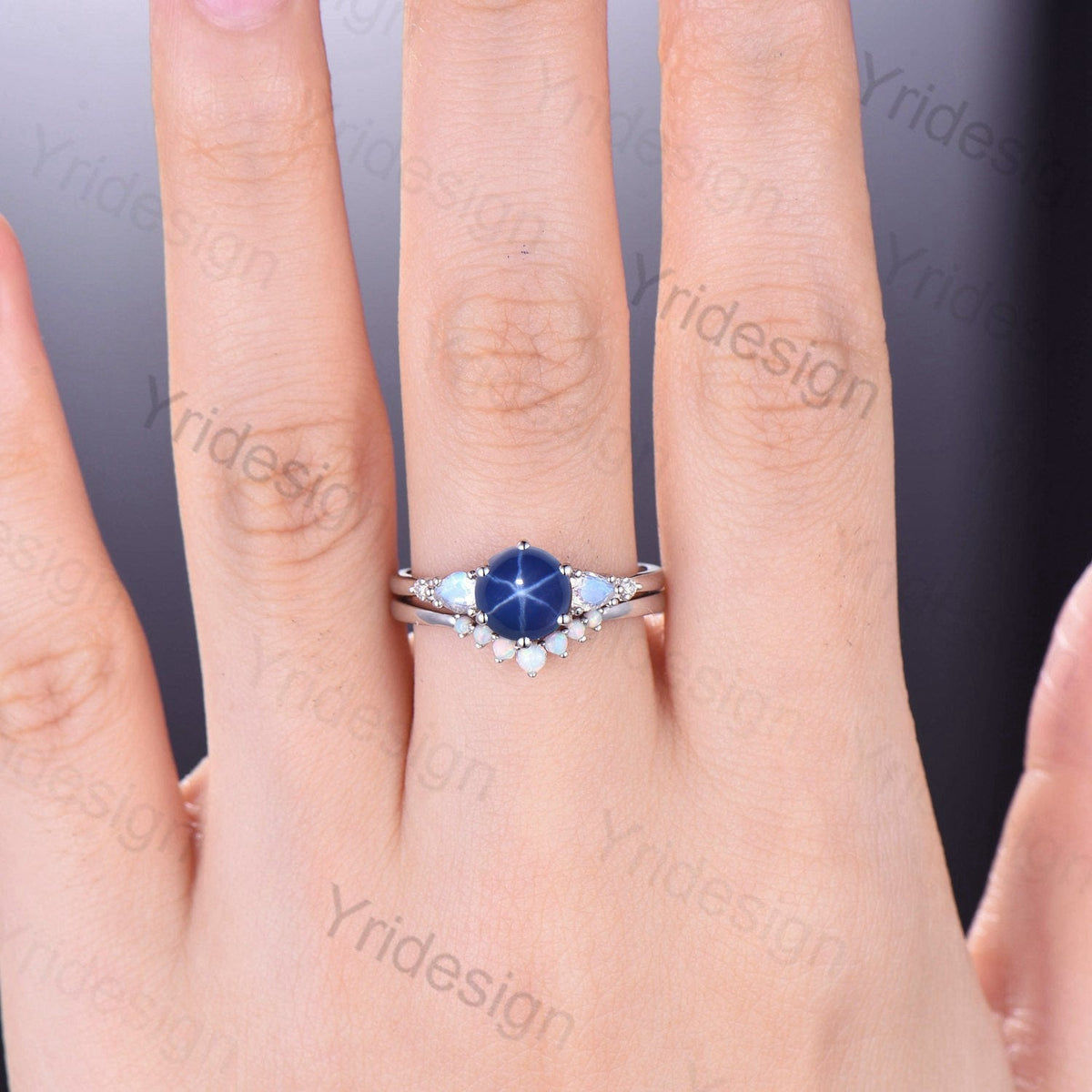 Vintage Star Sapphire Engagement Ring Set, Pear Moonstone & Opal
