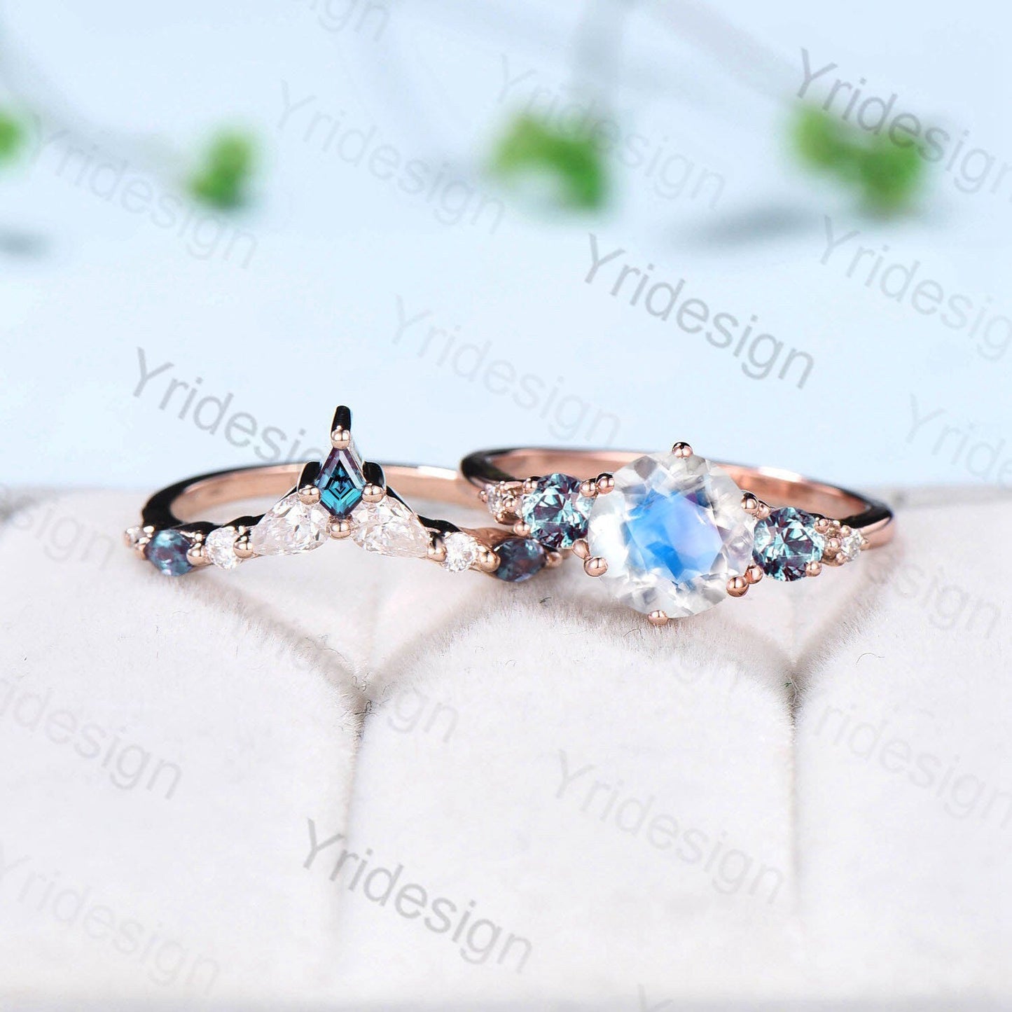 Vintage Rainbow Blue Moonstone Ring Set Unique Engagement Ring Set Five Stone Pear Alexandrite June Birthstone Anniversary Ring For Women