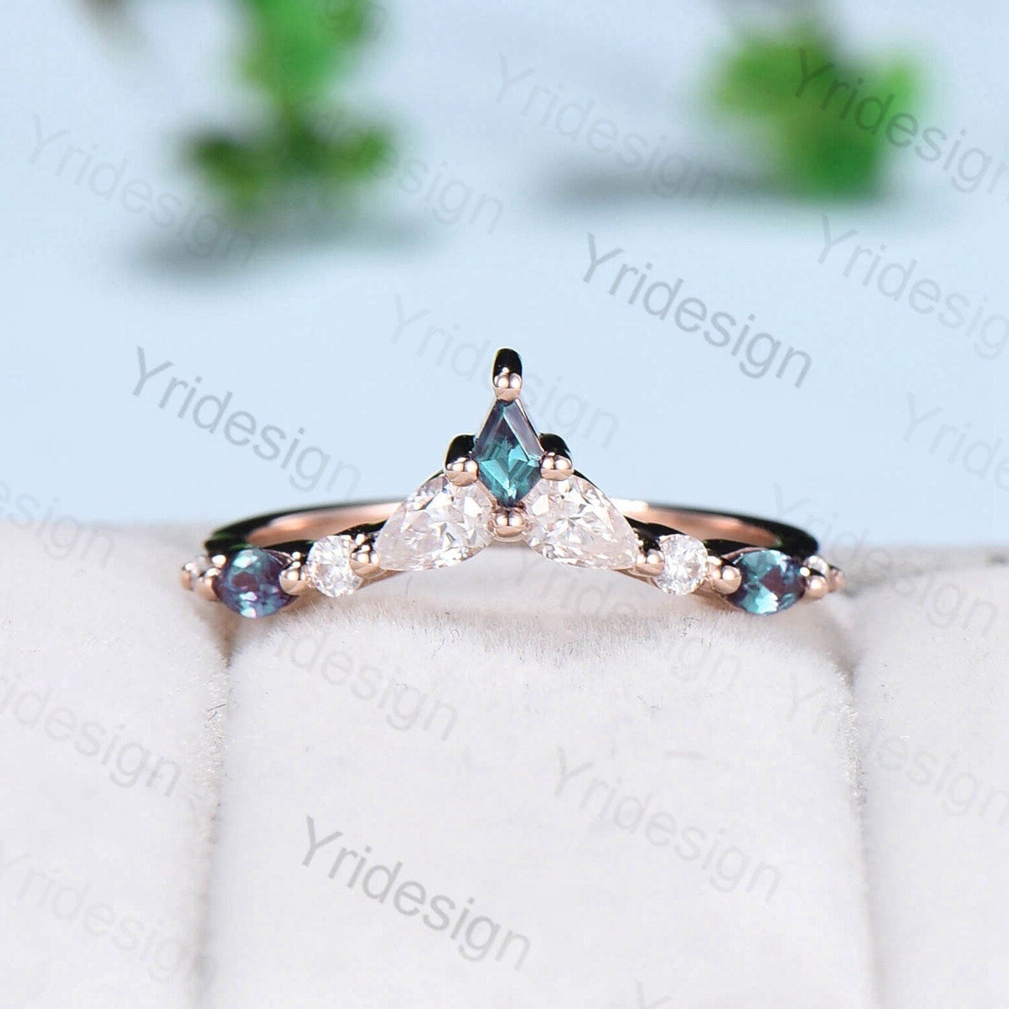 Vintage Rainbow Blue Moonstone Ring Set Unique Engagement Ring Set Five Stone Pear Alexandrite June Birthstone Anniversary Ring For Women