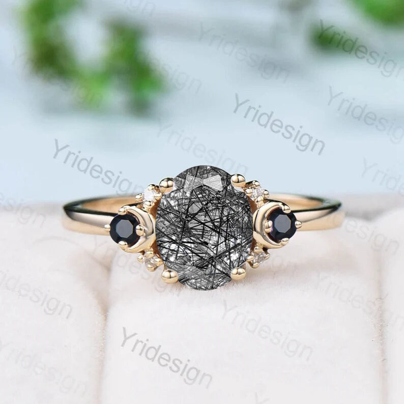 Oval cut black rutilated quartz engagement ring set vintage wedding ring set unique promise ring women art deco black spinel matching band