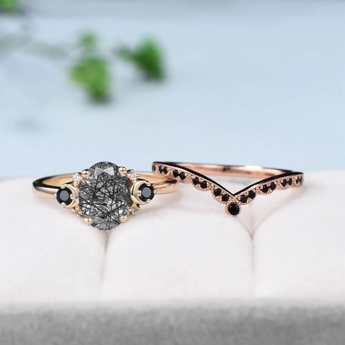 Oval cut black rutilated quartz engagement ring set vintage wedding ring set unique promise ring women art deco black spinel matching band