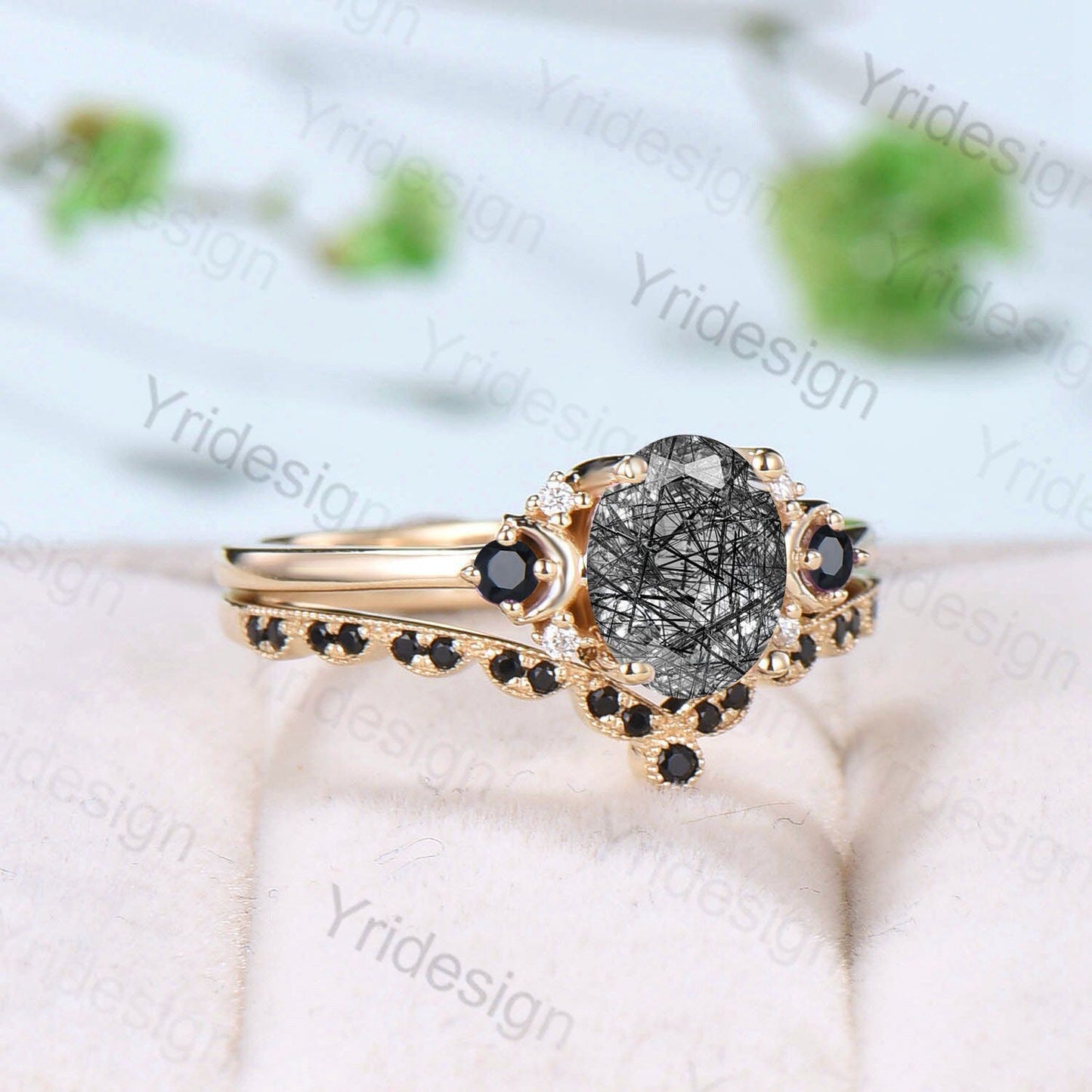 Oval cut black rutilated quartz engagement ring set vintage wedding ring set unique promise ring women art deco black spinel matching band